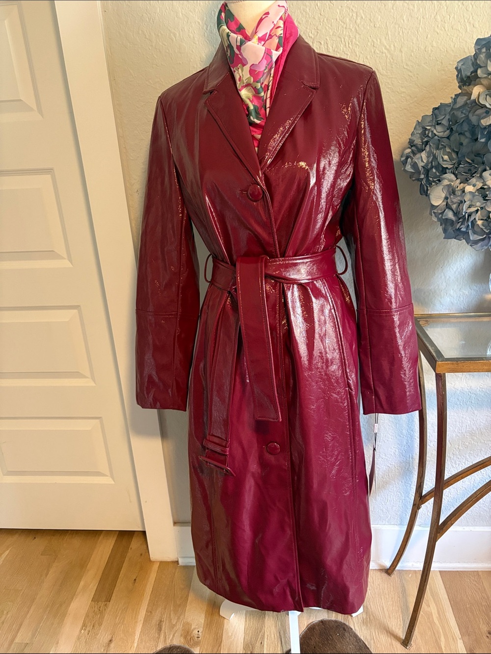Women's Burgundy Patent Faux Leather Trench Coat - Classic Belted Style M NWT